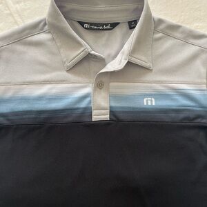 Travis Mathew Youth Gray & Black Polo Shirt with Blue gradient stripe at chest